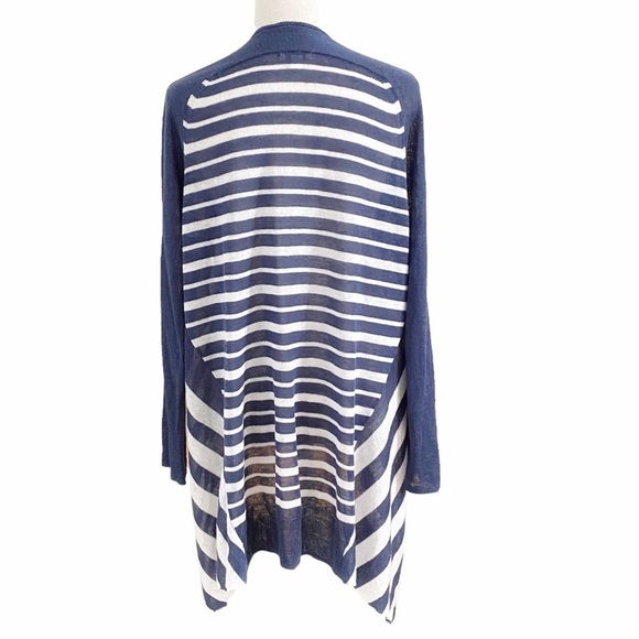 J JILL LINEN BLEND WHITE NAVY STRIPED NAUTICAL COASTAL CARDIGAN - M - Picture 2 of 9